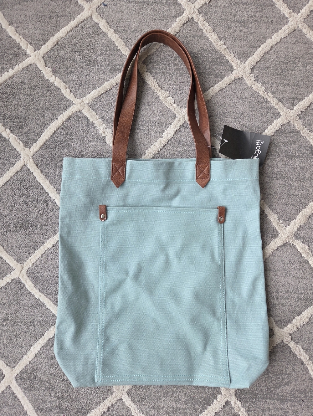 Canvas Tote Bag with Brown Leather Straps - Aqua